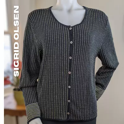 Sigrid Olsen Sport Button Cardigan Black W Taupe & White Dots Stripes Size Large • $20