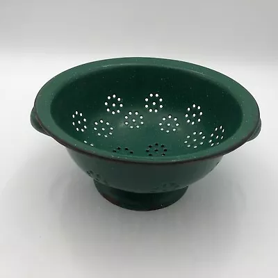 Vintage Forest Speckle Green Enamel Metal Colander Strainer Brass Handles 9.5  • $11.99