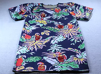 ZARA Dress Womens Medium Blue Sequin Parrot Floral Knit Party Travel • £28.80