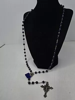 Vintage 28” America Needs Fatima Blue Beaded Rosary Silver Jesus Necklace • $5