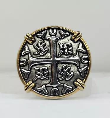 Antiqued Sterling Silver & Gold Crusader's Cross Signet Coin RING Sz 7.25 • $65.76