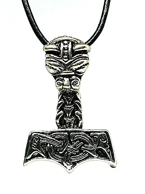 Thors Hammer Uhtred Pendant Mjolnir Bear's Head Viking Asatru Leather Necklace • £12.95