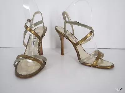 Manolo Blahnik Sandals Heels Size 7.5 37.5 Metallic Gold Silver Strappy Open Toe • $139.93