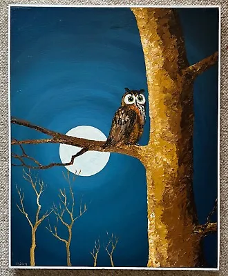 Vintage 70s Acrylic Painting Owl Tree Moon Modern Art Wall Hanging Signed Sibley • $295