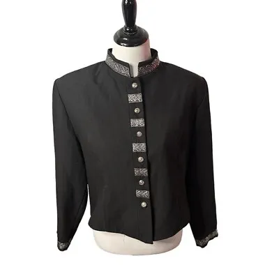 Vintage Miss Darby Black Collarless Military Jacket Silver Trim Size 18 • $25