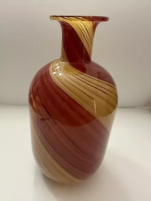 Red And Yellow Striped Hand Blown Glass Vase • $35