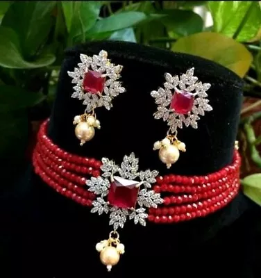 $14.99 • Buy Gold Plated Bollywood Kundan Choker Necklace AD Set Bridal Indian Pearl Jewelry