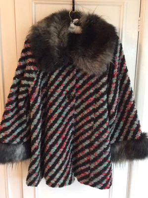 £14.99 • Buy Worn Once Plus/One Size Wool Mix Faux Fur Trimmed Black/Multi Swing Coat