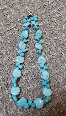 Large Thick Vintage Turquoise Coin Gem And Tear Drop Gem Necklace • $14.99