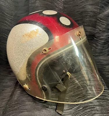 VTG Bell Motorcycle Helmet ROP-4170 Metal Flake Silver RED Visor 60s 70s Glitter • $195