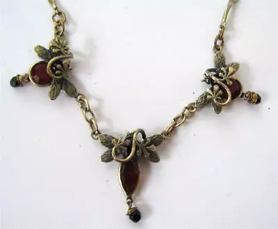 Vintage Mary Demarco Victorian Revival Bees Necklace Red Black Glass Hand Clasp • $39.99