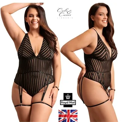 Sensual Black Striped Bodysuit With Garter Belt - Plus Size Lingerie Set • £18.99