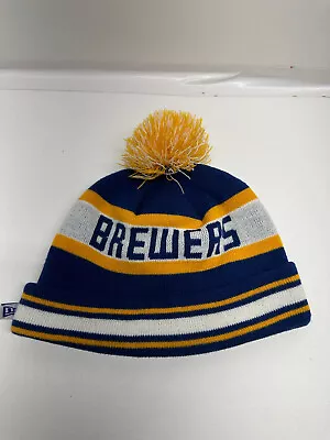 Milwaukee Brewers New Era Retro Cuffed Pom Pom Beanie Hat Blue And Yellow • $16.99