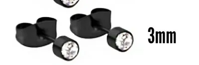 £2.99 • Buy Pair Of Surgical Stainless Steel Round CZ Black Stud Earrings Men Women *UK*