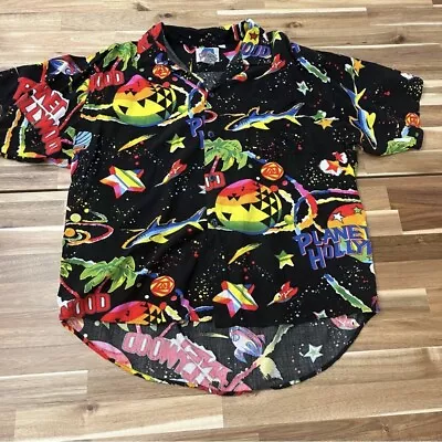 Vintage 90s Planet Hollywood Black Hawaiian Shirt Sharks Planets Cosmic Mens  XL • $51.99