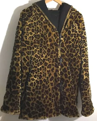 Vintage 90s Leopard Cheetah Print Faux Fur Size Large Hooded Reversible Coat • $59