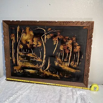 Vintage Black Velvet Painting Mid Century Forest Landscape Wall Art Carved Wood • $60