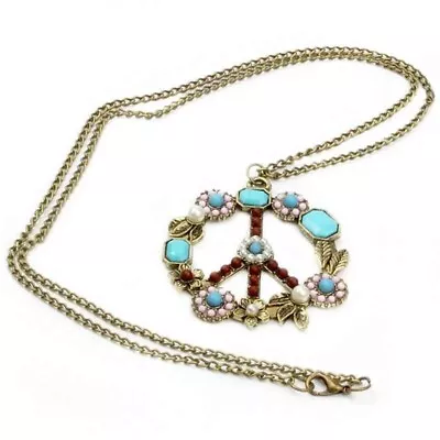 Retro Inlaid Gemstone Flower Peace Sign Necklace Jewelry Men Women Holiday Gift • $12.98