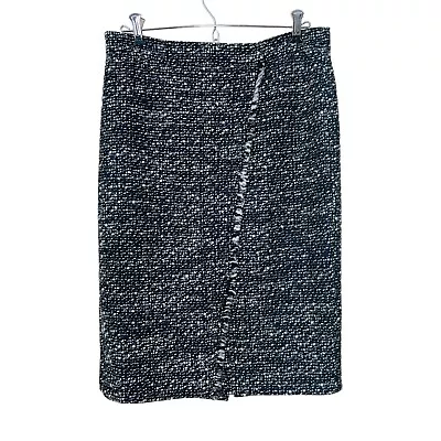 J Crew Size 4 Faux Wrap FringeTweed Pencil Skirt Wool Blend Lined Navy Career • $15.99