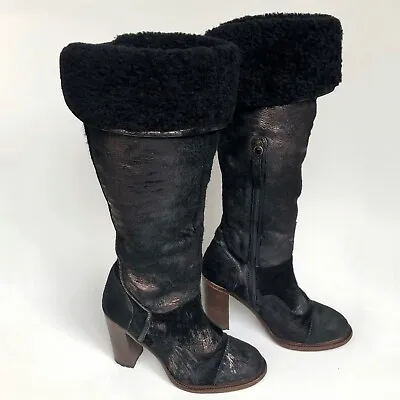 UGG COLLECTION Sz 7 Black Metallic Shearling Lined Calf Hair Tall Boots 4” Heel • $145.99