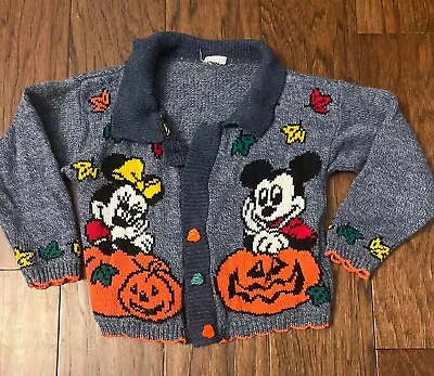 Vintage Mickey Minnie Disney Kids Cardigan Sweater Fall Pumpkins Size 4/5 Blue • $35