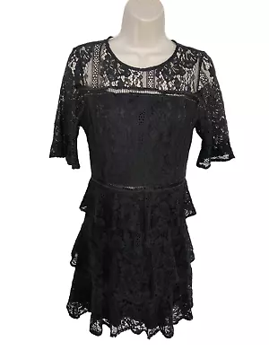 Womens Little Mistress Uk 10 Black Layered Frill Lace Occasion Party Mini Dress • £12.49