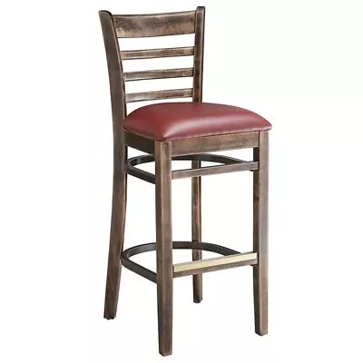 Vintage Wood Finish Ladder Back Restaurant Barstool With Burgundy Vinyl Seat • $199.95