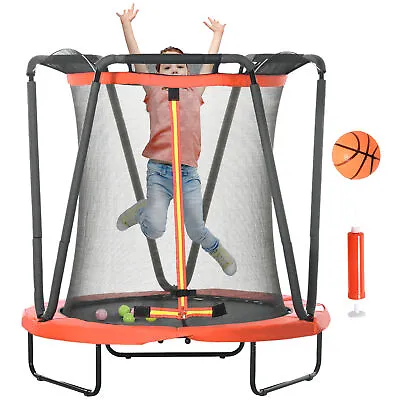 ZONEKIZ 4.6FT Kids Trampoline With Enclosure Basketball Sea Balls - Red • £59.99