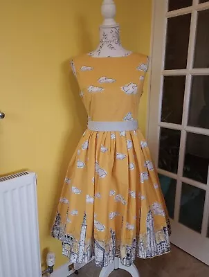 Lindy Bop Audrey Yellow Skyline Border Print Swing Dress Size 12 • £26