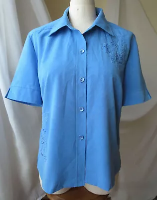 M.h.m. Melissa Harper Short Sleeve Shirt Blue Floral Embroidery Soft Top 10 New  • $17.99