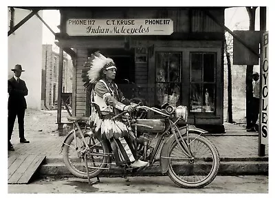 Native American Chief Riding Motorcycle Outside Store 5x7 Photo • $8.49