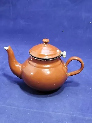 Vintage French Brown Enamel & Metal Teapot With Hinged Lid  • $25