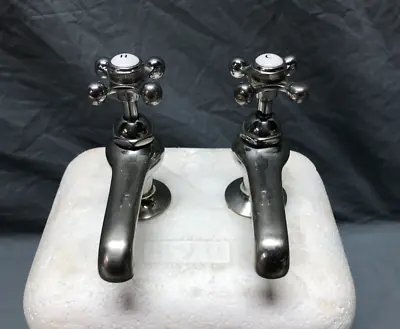 VTG Pair Nickel Plated Brass Separate Hot Cold Sink Faucets Porcelain Old 15-24B • $125