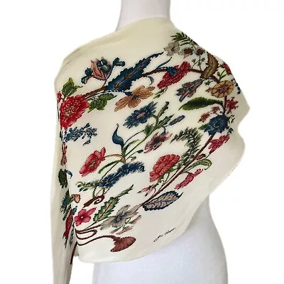$29.99 • Buy Jim Thompson Pleated White Silk Scarf Floral Vines Neckerchief, Head Scarf Wrap