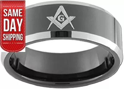 New CLASSIC 8mm Black Men Tungsten Carbide Ring Polished Masonic Compass Square. • $28.09