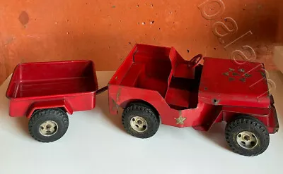 Mexican Vintage Toy Tin TRUJILLO Red Jeep With Trailer 1960s • $450