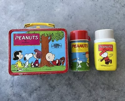 Vintage ‘73 Schulz Peanuts Metal Lunch Box + 2 Thermos Charlie Brown Snoopy Lucy • $59.95