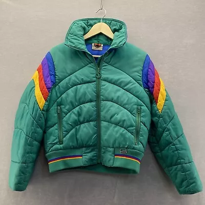 Vintage 80s Mountain Goat White Stag Puffer Teal Rainbow Down Ski Coat Size M • $129.95