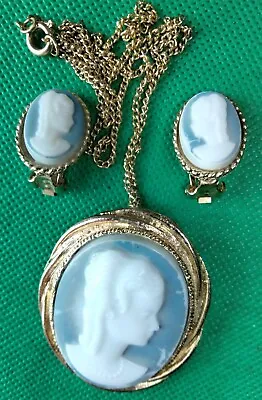 Vintage Wedgwood Cameo Ceramic Blue White Pendant Brooch And Clip Earrings Set  • $29