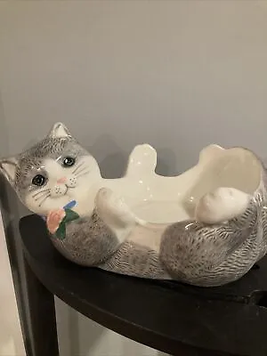 Treasure Craft Cat Holding Fish Bowl Cookie Jar Grey Cat Flower Collar BASE ONLY • $28