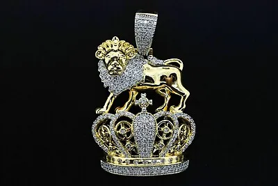 Real Moissanite 2Ct Round King Crown Lion Pendant 14k Yellow Gold Plated Silver • $157.10