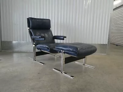 70's Saporiti Leather Chrome And Steel Lounge Chair And Ottoman  • $1800