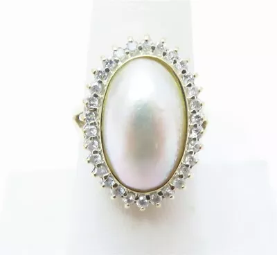 14k Yellow Gold ~16x10mm Oval Pearl & ~1/2CTW Diamond Halo Ring Size 7.25 • $225