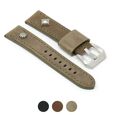 StrapsCo Thick Vintage Leather Military Rivet Watch Band Strap - 20mm 22mm 24mm • $24.99