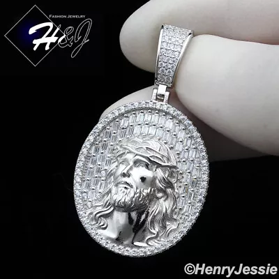 Men 925 Sterling Silver Icy Bling Baguette Cz 3d Jesus Face Oval Pendant*sp385 • $49.99