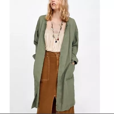 Zara Woman's M Oversized 100% Linen Longline Jacket Olive Open Cardigan Duster • $52.99