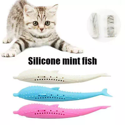 Cat Silicone Toothbrush Fish Shape And Catnip Pet Teeth Teething Cleaning Toys • $10.44