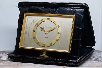 Waltham 8 Day Travel Clock In Black Aligator Folidng Case - Working • $1149.52