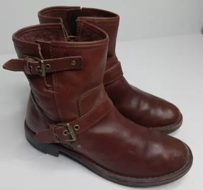 UGG Woman's Fabrizia Short Motorcycle Boots Brown Leather Buckles Zipp US 6.5 • $98