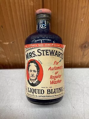 Vintage Mrs Stewarts Liquid Bluing Glass Bottle Luther Ford & Co Minneapolis • $29.95